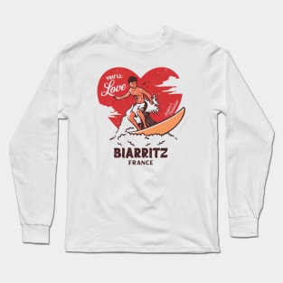 Vintage Surfing You'll Love Biarritz, France // Retro Surfer's Paradise Long Sleeve T-Shirt